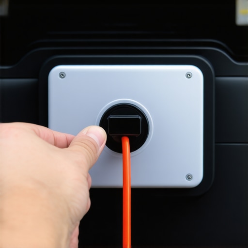 A person pulling the manual release cable for an EV charging port from inside the trunk.