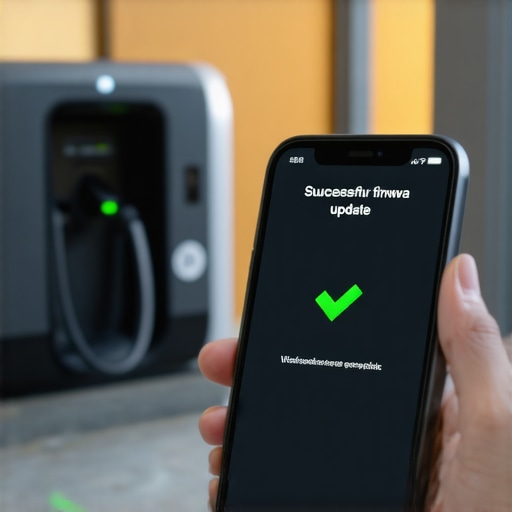 A smartphone showing a completed firmware update for a home EV charging station.