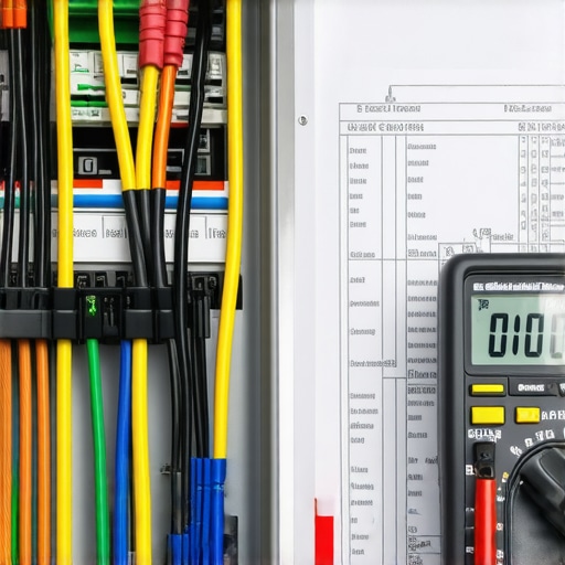 A residential electrical panel being tested for EV charger load capacity with a calculation sheet.