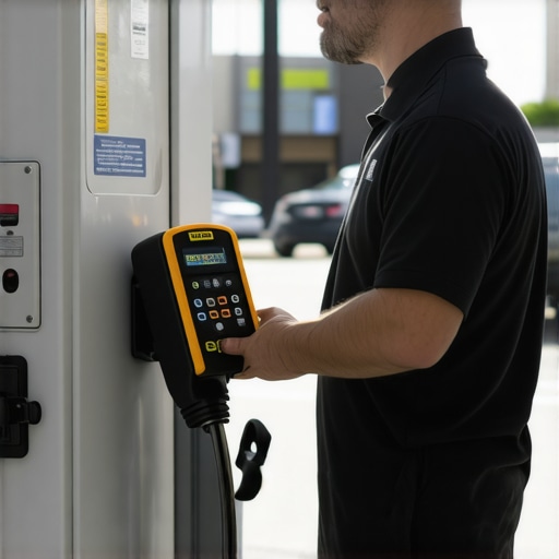 EV Charger Signal Testing Electrician testing cellular signal strength for a commercial EV charging station installation.