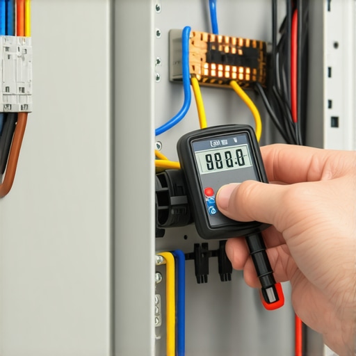 A professional electrician precisely tightening a circuit breaker with a torque wrench to ensure EV charging safety.