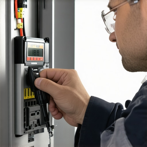 Electrician performing a torque test on a residential panel A close-up of a digital torque screwdriver tightening terminal screws inside an electrical breaker panel to ensure EV code compliance.