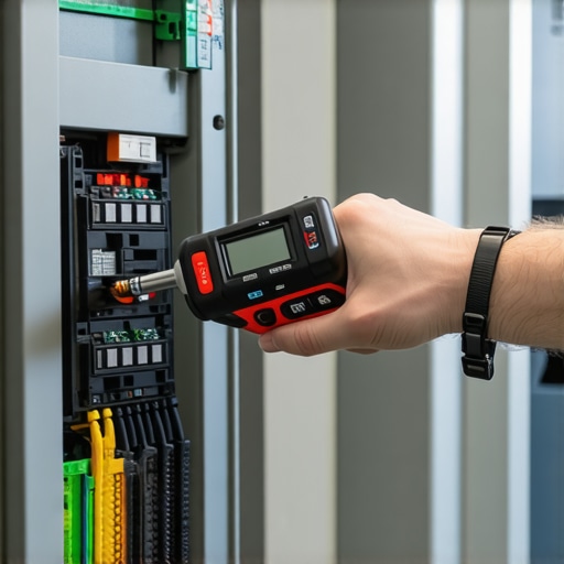 Electrician using a torque wrench on a circuit breaker terminal to prevent electrical fires.
