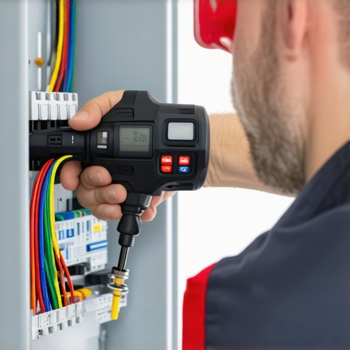 Close-up of electrician using a torque wrench on an EV charger circuit breaker