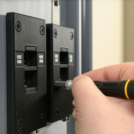 An electrician uses a torque screwdriver to tighten terminals in a home electrical panel for two EV charging circuits.
