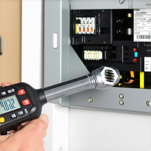Electrician using a torque wrench to secure wires in an electrical panel for an EV charger.
