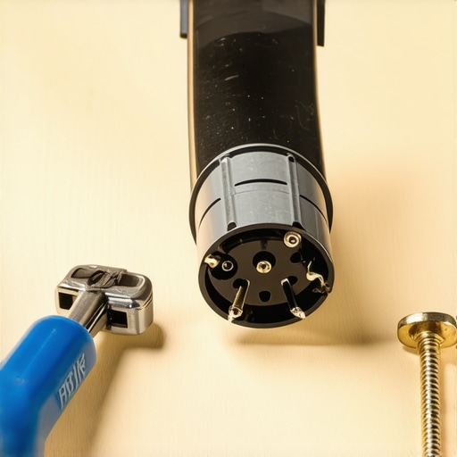 A collection of spare parts including an industrial outlet and charger handle latch for home EV maintenance.