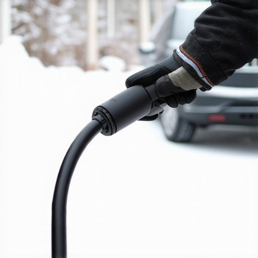 High-quality EV charging cable being handled in snowy winter conditions
