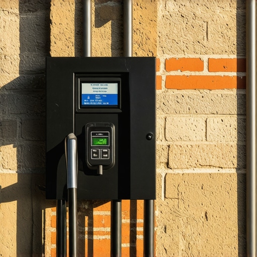 A wall-mounted EV charger inside a protective steel security cage to prevent theft and vandalism.