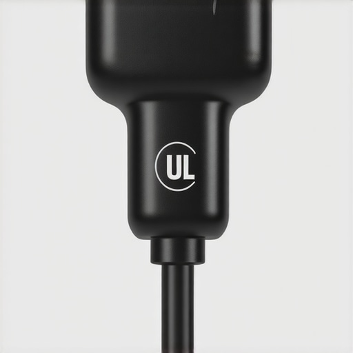 A clear UL certification mark on an EV charging handle to verify safety standards.