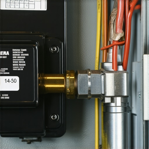 Close up of an industrial NEMA 14-50 outlet for EV charging with professional copper wiring.