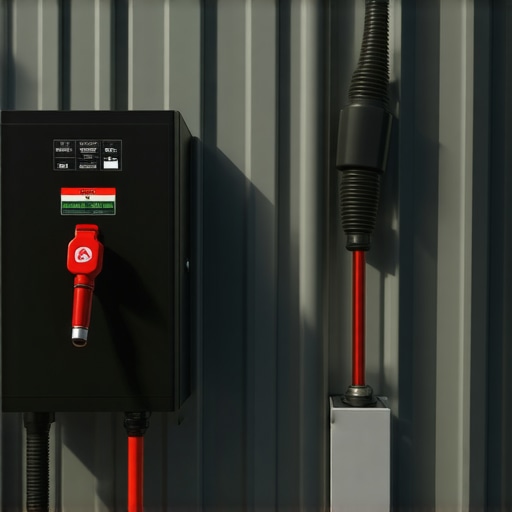 A red-handled safety disconnect switch mounted next to an EV charger in a residential garage.