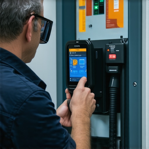 Electrician performing a thermal scan on an EV charging panel to detect hotspots.