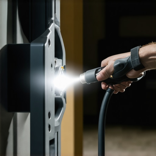 A close-up view of a technician checking the metal contacts of an EV charging connector for signs of charring or wear.