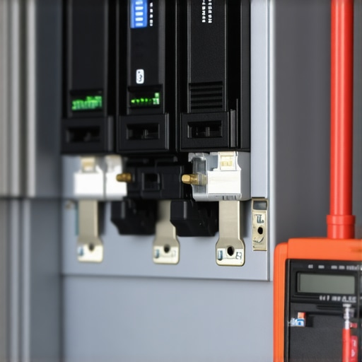 Close-up of an electrical panel bus bar showing slight discoloration from heat under a circuit breaker.