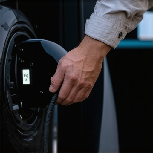 A person pulling a mechanical emergency release cable inside an EV trunk to unlock a stuck charger handle.