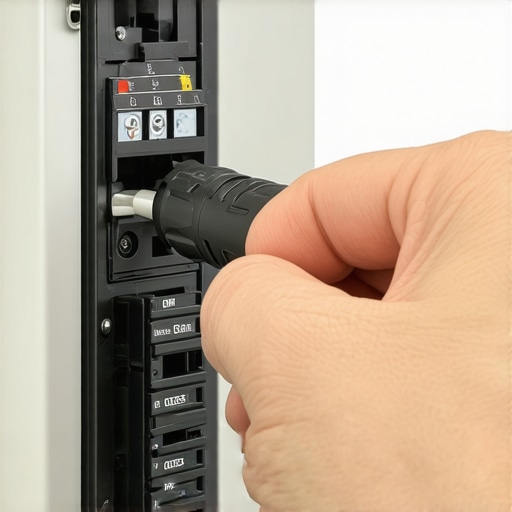 An electrician using a specialized torque tool to maintain an EV charger circuit breaker.