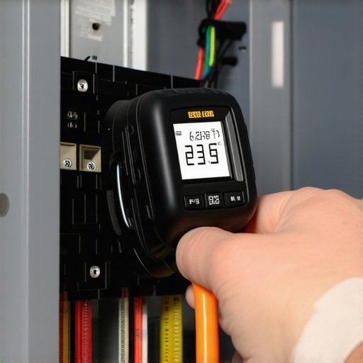 Hand holding an infrared thermometer pointing at a home electrical panel during an EV charging session.