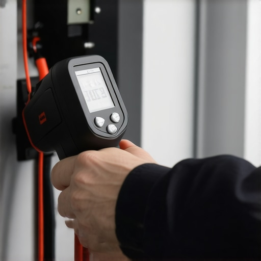 An infrared thermometer measuring the temperature of an EV circuit breaker to prevent overheating.