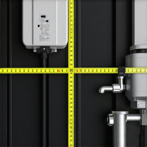A tape measure checking the distance between a wall-mounted EV charger and a garage sink faucet.