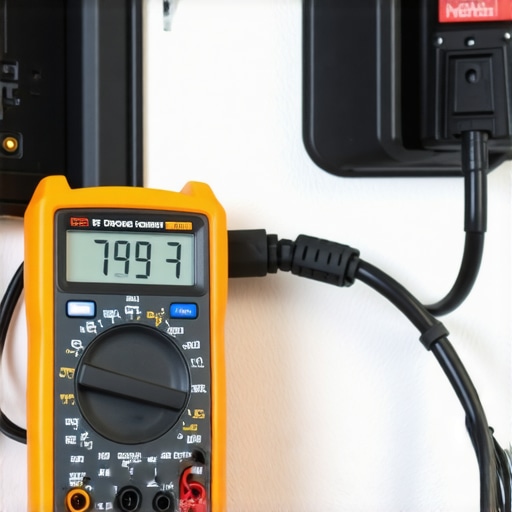 A digital multimeter testing an outlet voltage during an active electric vehicle charging session.