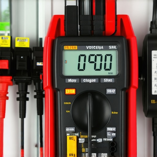 A digital multimeter measuring AC voltage at the terminal blocks of an open EV charging station.