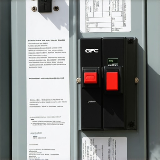 Close up of a GFCI breaker inside a residential electrical panel used for an EV charging circuit.
