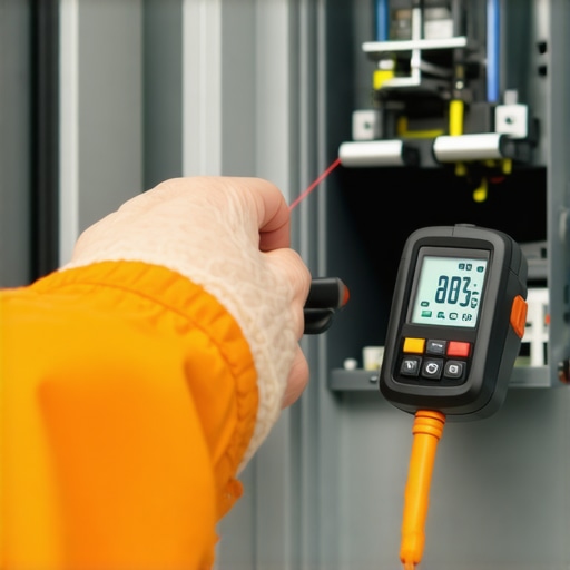 Using an infrared thermometer to check electrical panel heat levels during high-load EV charging.