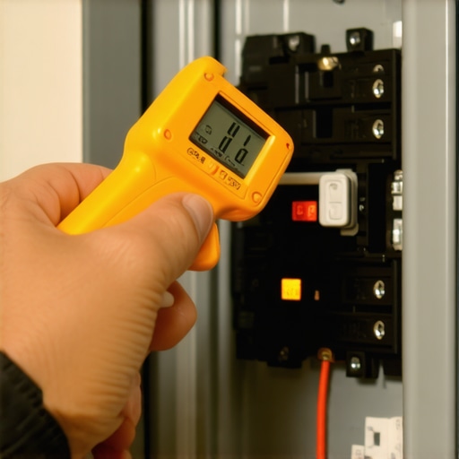 Monitoring Breaker Temperature with Infrared A homeowner uses a digital infrared thermometer to check an EV charger circuit breaker for overheating signs.