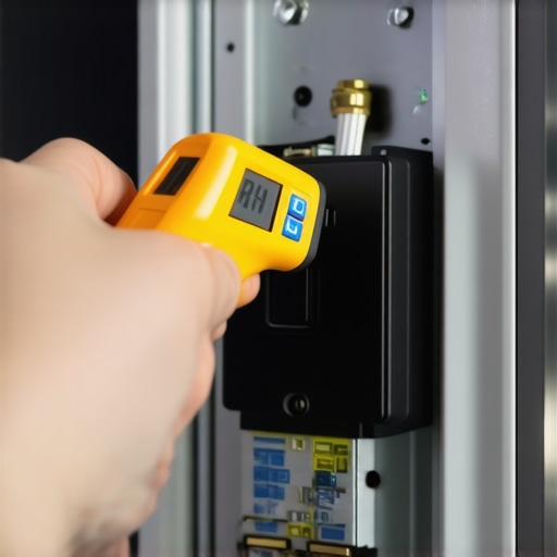 A person using an infrared thermometer to check for hot spots in an electrical panel during EV charging.