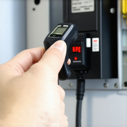 Digital infrared thermometer checking heat levels of an EV charger breaker in a home panel