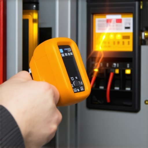 A person checking the temperature of EV charger breakers using an infrared thermometer to prevent electrical fires.