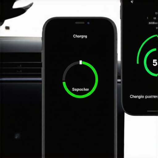 Close up of a car dashboard and a phone app showing charging settings and progress.