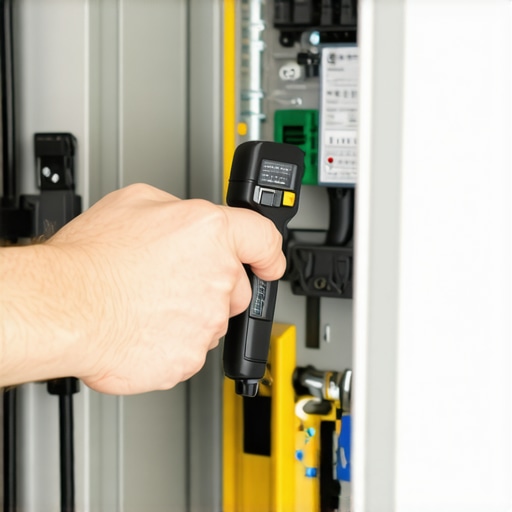 Professional electrician using a torque wrench on EV charger terminal