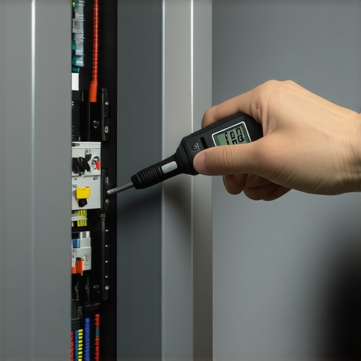 Electrician using a torque wrench on an electrical panel terminal.