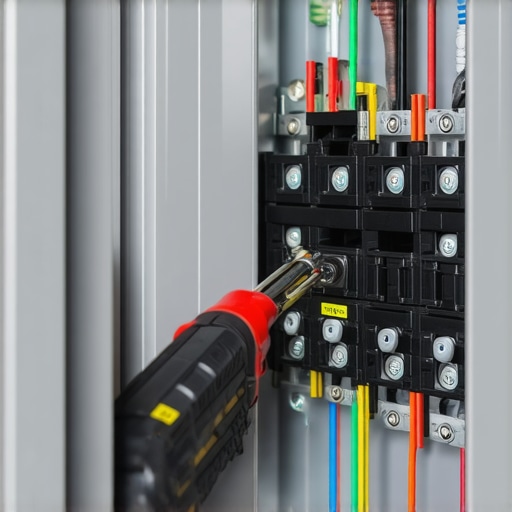 Electrician tightening a circuit breaker lug with a torque screwdriver for safe EV charging.