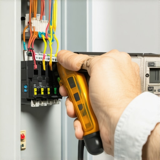 An electrician using a torque wrench on an electrical panel to ensure a secure connection for an EV charger.