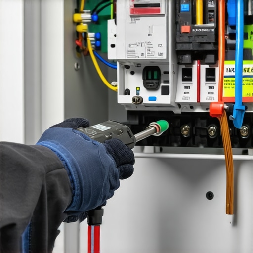 Electrician using a torque wrench on an EV charger circuit breaker connection.