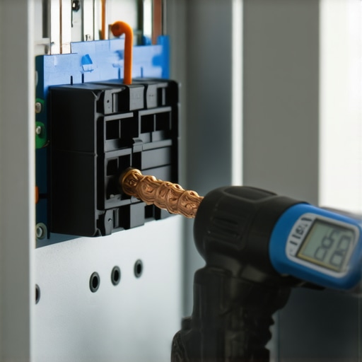 An electrician using a digital torque tool on an EV breaker terminal to prevent overheating and connection drops.