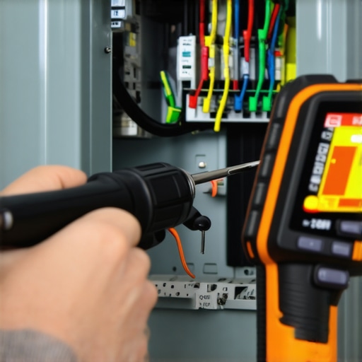 Electrician using a digital torque tool on an EV charger circuit terminal inside a panel