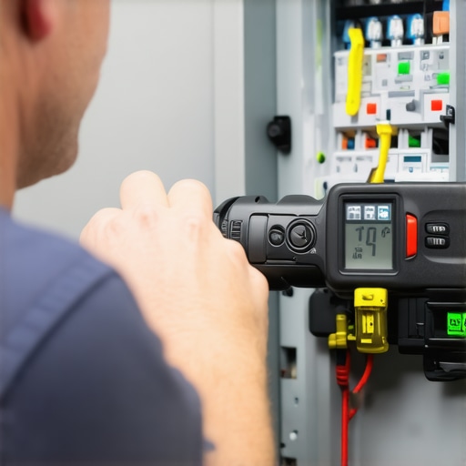 Electrician using a digital torque wrench on an EV circuit breaker terminal