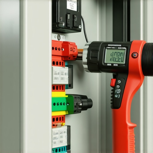 Electrician using a digital torque wrench to secure EV charger connections in a panel.