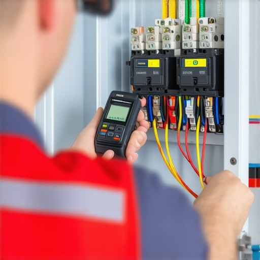 An electrician using a torque wrench to secure connections in an electrical panel for an EV charger installation.