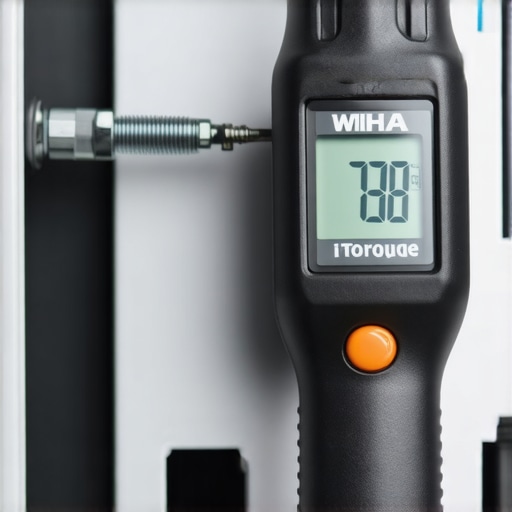 A digital torque screwdriver being used on an electrical panel lug to ensure code compliance.