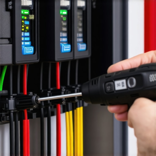 Close up of an electrician using a torque tool on an EV charger circuit