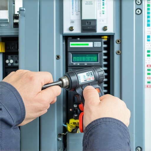 Professional electrician using a digital torque wrench to secure EV charger connections in a panel for fire safety.