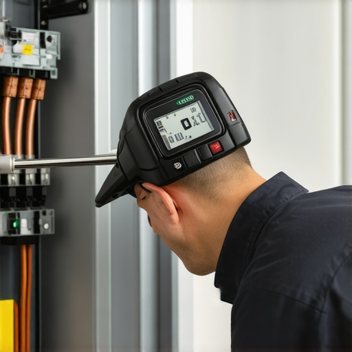 Close-up of a digital torque wrench being used on a circuit breaker in an electrical panel for EV installation.