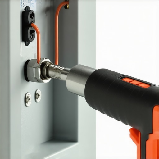 Precision Torque for EV Safety Close up of an electrician using a torque wrench on a circuit breaker to ensure a safe EV charger connection.