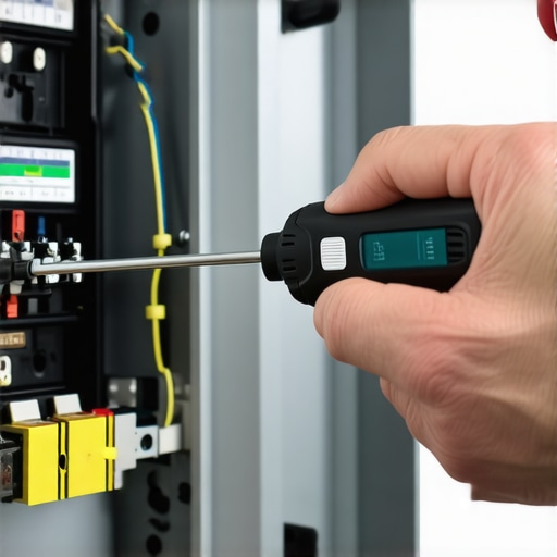 Electrician using a torque tool on a circuit breaker to prevent overheating.