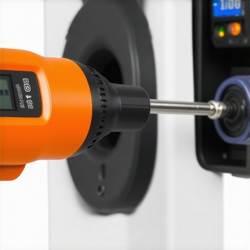 Close-up of a torque screwdriver tightening electrical connections in an EV charging station to prevent overheating.